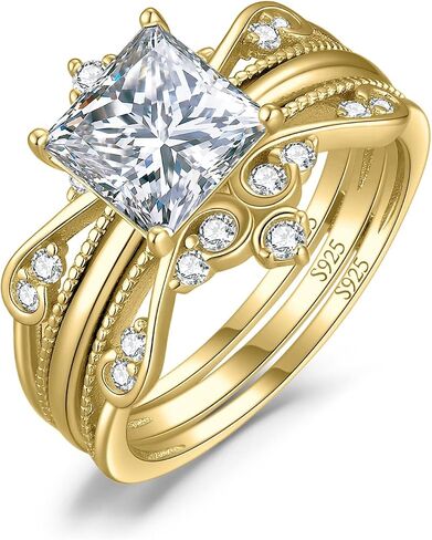 JewelryPalace Vintage Princess Cut 2ct Cubic Zirconia Solitaire Engagement Ring for Women, Classic 14K White Gold 925 Sterling Silver Promise Ring for her, Crown Enhancer Wedding Band Ring Bridal Sets in Kuwait