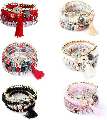 Caiyao Bohemian Stackable Bead Bracelets Multilayered Stretch Bracelet Set Multicolor Jewelry Sets Boho Pendant Charm Bangles Bracelet Handmade Tassel Strand Bracelet for Women Girls in Kuwait