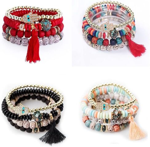 Caiyao Bohemian Stackable Bead Bracelets Multilayered Stretch Bracelet Set Multicolor Jewelry Sets Boho Pendant Charm Bangles Bracelet Handmade Tassel Strand Bracelet for Women Girls in Kuwait
