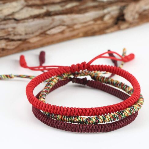 kelistom Handmade Tibetan String Bracelets for Women Men Boys Girls, Buddhist Kabbalah Adjustable Hand-woven Cord rope Bracelet for Protection and Luck, Red Black Colored rope in Kuwait