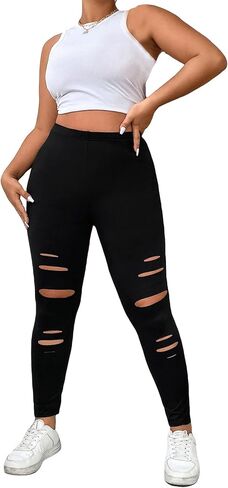 Floerns Women's Plus Size High Waist Ripped Leggings Yoga Active Pants in Kuwait