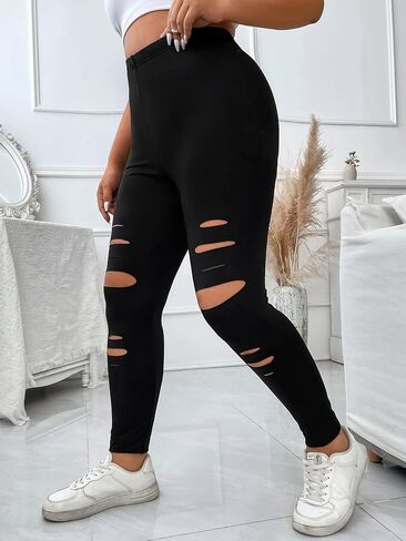 Floerns Women's Plus Size High Waist Ripped Leggings Yoga Active Pants in Kuwait