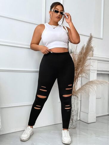 Floerns Women's Plus Size High Waist Ripped Leggings Yoga Active Pants in Kuwait
