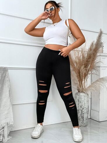 Floerns Women's Plus Size High Waist Ripped Leggings Yoga Active Pants in Kuwait