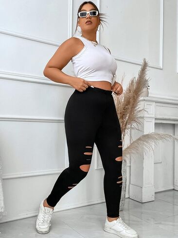 Floerns Women's Plus Size High Waist Ripped Leggings Yoga Active Pants in Kuwait