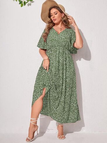 Floerns Women's Plus Size Boho Floral V Neck Short Sleeve A Line Long Dress in Kuwait