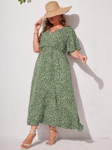 Floerns Women's Plus Size Boho Floral V Neck Short Sleeve A Line Long Dress in Kuwait