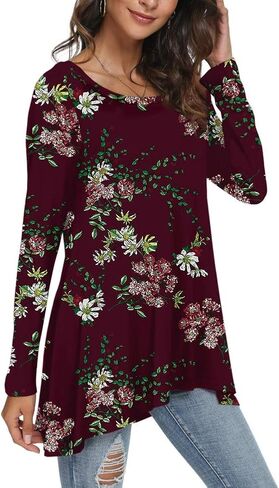 POPYOUNG Women's Fall Long Sleeve Tunic Tops for Leggings Crewneck Casual Blouse T-Shirt in Kuwait