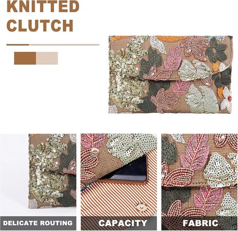 QTKJ Envelope Package, Clutch Purses for Women, Sequin Embroidered Flowers Straw Bag, Bohemian Handmade Handbags, Beach Bag for Vacation, Travel, Banquet(Silver Flower) in Saudi Arabia