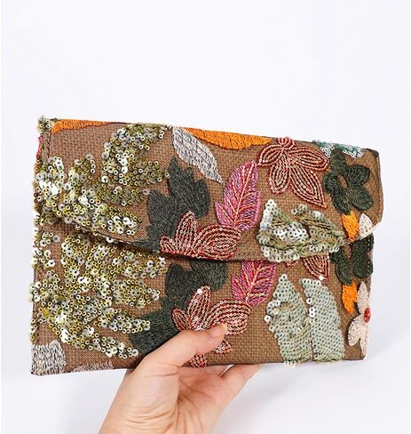 QTKJ Envelope Package, Clutch Purses for Women, Sequin Embroidered Flowers Straw Bag, Bohemian Handmade Handbags, Beach Bag for Vacation, Travel, Banquet(Silver Flower) in Saudi Arabia
