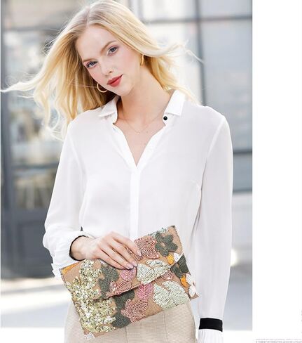 QTKJ Envelope Package, Clutch Purses for Women, Sequin Embroidered Flowers Straw Bag, Bohemian Handmade Handbags, Beach Bag for Vacation, Travel, Banquet(Silver Flower) in Saudi Arabia