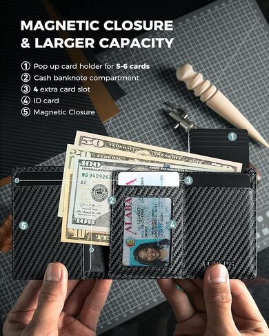 محفظة للرجال من لورزور، محفظة ذكية من الياف الكربون للرجال | حامل بطاقات الائتمان من الالومنيوم بخاصية حجب تحديد الهوية بموجات الراديو، نوافذ لبطاقة الهوية وقفل مغناطيسي، هدايا للرجال، من الكربون بدون in Kuwait