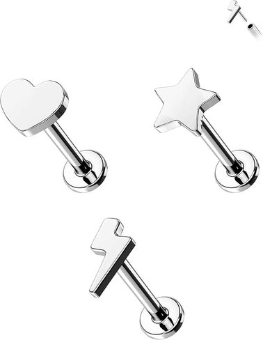 Mooncrush Jewelry 3PCS G23 الصلبة التيتانيوم بدون خيط دفع خلفي مسطح في الأقراط 16G الإضاءة ميدوسا مونرو الزنمة ثقب المجوهرات الجراحية الصلب هيبوالرجينيك in Kuwait