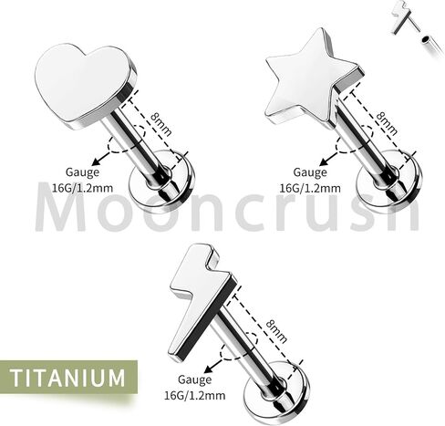 Mooncrush Jewelry 3PCS G23 الصلبة التيتانيوم بدون خيط دفع خلفي مسطح في الأقراط 16G الإضاءة ميدوسا مونرو الزنمة ثقب المجوهرات الجراحية الصلب هيبوالرجينيك in Kuwait