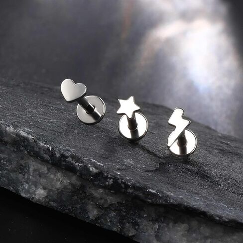 Mooncrush Jewelry 3PCS G23 الصلبة التيتانيوم بدون خيط دفع خلفي مسطح في الأقراط 16G الإضاءة ميدوسا مونرو الزنمة ثقب المجوهرات الجراحية الصلب هيبوالرجينيك in Kuwait