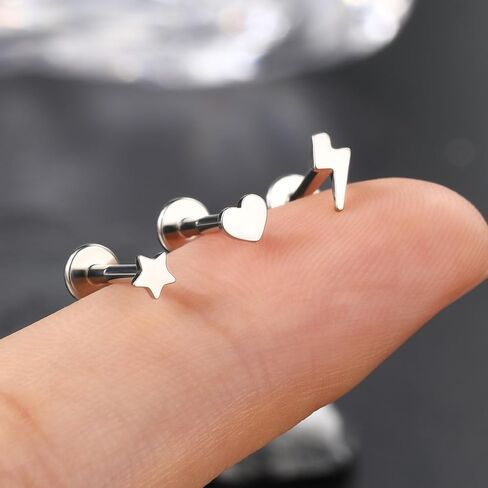 Mooncrush Jewelry 3PCS G23 الصلبة التيتانيوم بدون خيط دفع خلفي مسطح في الأقراط 16G الإضاءة ميدوسا مونرو الزنمة ثقب المجوهرات الجراحية الصلب هيبوالرجينيك in Kuwait