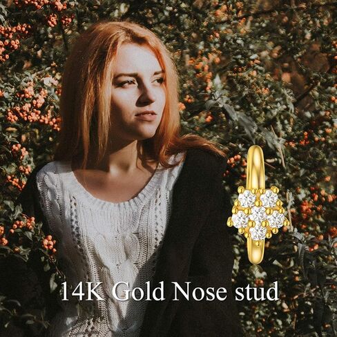 SISGEM 14K الذهب الحقيقي زهرة الأنف الدائري مع زركونيا مكعب براق، 1 قطعة الذهب الأصفر هوب الصغيرة حلق الأنف الدائري هدية مجوهرات جميلة لعيد الأم، 18 مقياس (2 في 1), معدن احجار كريمة, زركونيا مكعب in Saudi Arabia
