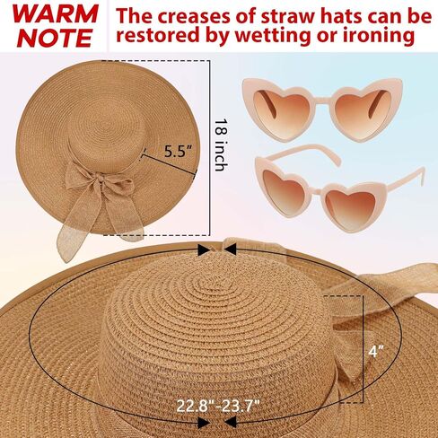 Jeyiour 12 Pcs Floppy Summer Hat Wide Brim with Heart Shape Glasses 6 Pcs Big Bowknot Straw Hat Foldable Roll up Beach Cap Women's Sun Hats 6 Pairs Heart Sunglasses for Summer Beach in Kuwait