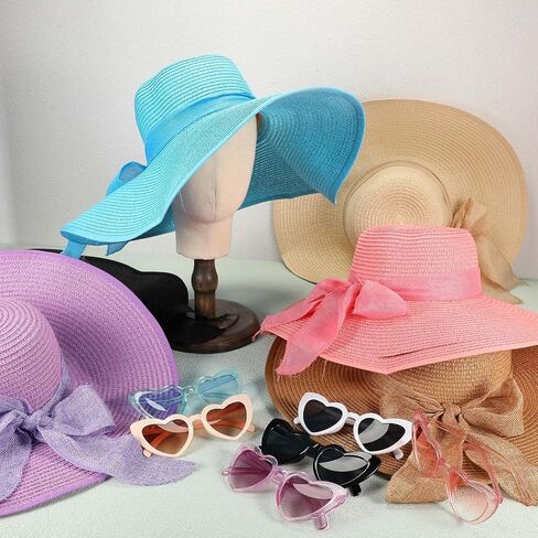 Jeyiour 12 Pcs Floppy Summer Hat Wide Brim with Heart Shape Glasses 6 Pcs Big Bowknot Straw Hat Foldable Roll up Beach Cap Women's Sun Hats 6 Pairs Heart Sunglasses for Summer Beach in Kuwait