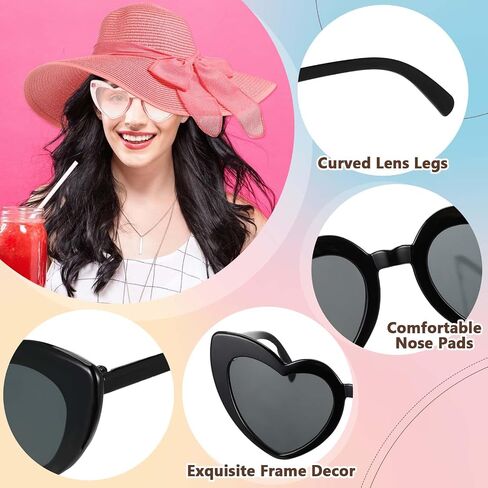 Jeyiour 12 Pcs Floppy Summer Hat Wide Brim with Heart Shape Glasses 6 Pcs Big Bowknot Straw Hat Foldable Roll up Beach Cap Women's Sun Hats 6 Pairs Heart Sunglasses for Summer Beach in Kuwait