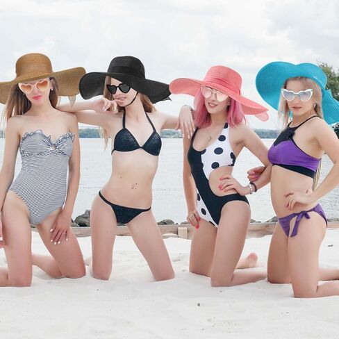 Jeyiour 12 Pcs Floppy Summer Hat Wide Brim with Heart Shape Glasses 6 Pcs Big Bowknot Straw Hat Foldable Roll up Beach Cap Women's Sun Hats 6 Pairs Heart Sunglasses for Summer Beach in Kuwait