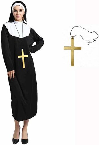 زي عباءة الراهبة الفاخر من AMG GLOBAL، زي الراهبة المريح للبالغين | أزياء الهالوين للنساء، أزياء مخيفة مثالية لحفلات الهالوين التأثيرية، أزياء كرتونية باللون الأسود in Kuwait