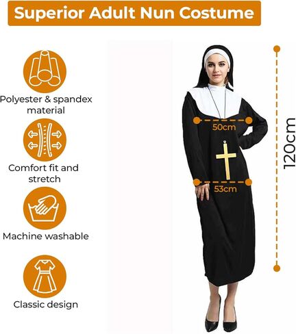 زي عباءة الراهبة الفاخر من AMG GLOBAL، زي الراهبة المريح للبالغين | أزياء الهالوين للنساء، أزياء مخيفة مثالية لحفلات الهالوين التأثيرية، أزياء كرتونية باللون الأسود in Kuwait