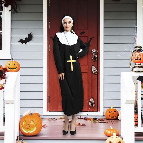 زي عباءة الراهبة الفاخر من AMG GLOBAL، زي الراهبة المريح للبالغين | أزياء الهالوين للنساء، أزياء مخيفة مثالية لحفلات الهالوين التأثيرية، أزياء كرتونية باللون الأسود in Kuwait