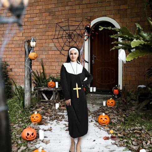 زي عباءة الراهبة الفاخر من AMG GLOBAL، زي الراهبة المريح للبالغين | أزياء الهالوين للنساء، أزياء مخيفة مثالية لحفلات الهالوين التأثيرية، أزياء كرتونية باللون الأسود in Kuwait