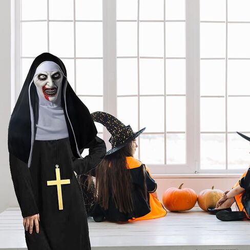 زي عباءة الراهبة الفاخر من AMG GLOBAL، زي الراهبة المريح للبالغين | أزياء الهالوين للنساء، أزياء مخيفة مثالية لحفلات الهالوين التأثيرية، أزياء كرتونية باللون الأسود in Kuwait