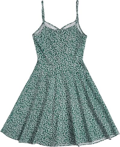 WDIRARA Girl's Ditsy Floral Print Dress Spaghetti Strap V Neck Ruched Flared Cami Dress in Kuwait