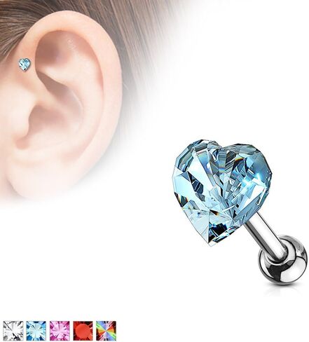 Amelia Fashion 16 مقياس كريستال القلب العلوي Tragus/الغضروف مسمار أثقال 316L فولاذ جراحي (لون اختيار) in Saudi Arabia