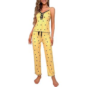 WDIRARA Women's Heart Print Sleepwear Lace Trim Bow Cami and Pants Pajama Set