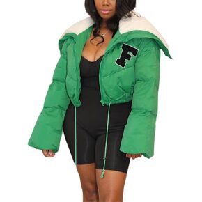 سترة نسائية منتفخة قصيرة من Lentta مصنوعة من صوف الشيربا وطية صدر وأكمام طويلة معطف شتوي in Kuwait