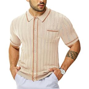 Moda Viva Men's Short Sleeve Breathable Knit Polo Shirt Hollow Out Button Down Knitwear