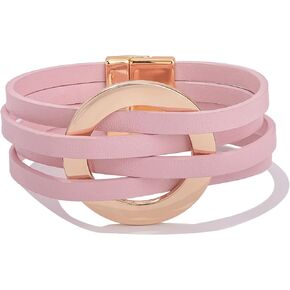 FANCY SHINY Braided Leather Bracelet Boho Wrap Bracelet Circle Stackable Layered Cuff Bracelets with Magnetic Clasp for Women