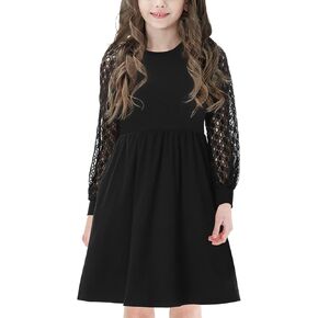 Girls Long Lace Sleeve Flowy Skater A-Line Spring Dress 4-11 Years