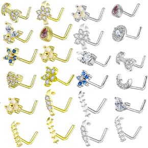 SENNI 24 قطعة 14K 20G حلقات الأنف مسمار على شكل حرف L على شكل عظمة برغي على شكل حلقة الأنف 316L ثقب الأنف الفولاذي الجراحي تشيكوسلوفاكيا زهور الفراشة مجوهرات ثقب الجسم للنساء والرجال in Kuwait