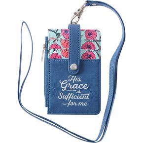Christian Art Gifts Blue Floral Faux Leather Zip ID Case Scripture Keychain Slim Front Pocket Wallet with Bible Verse: His Grace Is Sufficient - 2 Cor.12:9 for Women with Detachable Lanyard Neck Strap