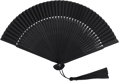WLTRICH Black Folding Fan Hand Held Fan, Japanese Fan Foldable Hand Fan, Silk Paper Fans with Tassel, Hollowed Fringe Foldable Fan, Handheld Fan foldable for Wedding, Party, Gifts, Wall Decoration in Saudi Arabia