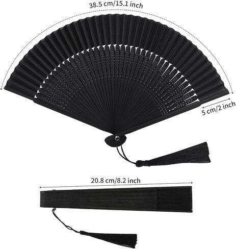 WLTRICH Black Folding Fan Hand Held Fan, Japanese Fan Foldable Hand Fan, Silk Paper Fans with Tassel, Hollowed Fringe Foldable Fan, Handheld Fan foldable for Wedding, Party, Gifts, Wall Decoration in Saudi Arabia