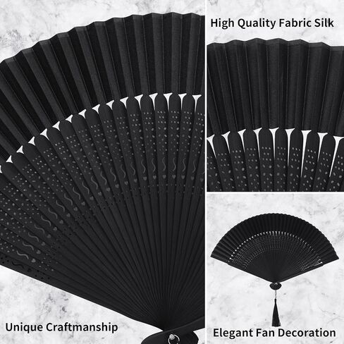WLTRICH Black Folding Fan Hand Held Fan, Japanese Fan Foldable Hand Fan, Silk Paper Fans with Tassel, Hollowed Fringe Foldable Fan, Handheld Fan foldable for Wedding, Party, Gifts, Wall Decoration in Saudi Arabia