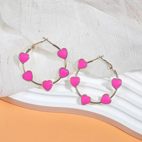 Hot Pink Earrings for Women Heart Hoop Earrings Silver Color Hypoallergenic Y2k Cute Hoop Valentines Day Earrings with Red Pink Heart for Teen Girls Women in Saudi Arabia