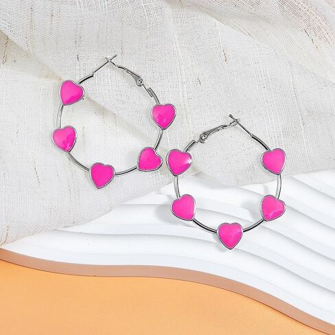 Hot Pink Earrings for Women Heart Hoop Earrings Silver Color Hypoallergenic Y2k Cute Hoop Valentines Day Earrings with Red Pink Heart for Teen Girls Women in Saudi Arabia