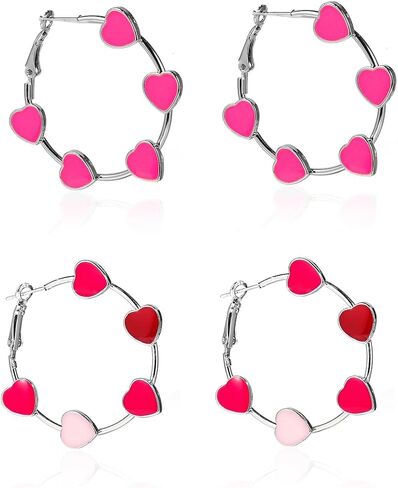 Hot Pink Earrings for Women Heart Hoop Earrings Silver Color Hypoallergenic Y2k Cute Hoop Valentines Day Earrings with Red Pink Heart for Teen Girls Women in Saudi Arabia