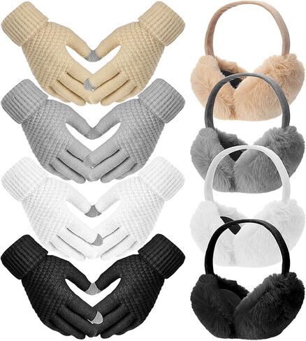 Liitrsh 8 Pack Winter Touch Screen Gloves with Winter Ear Muffs Warm Fleece Lined Knit Gloves and Foldable Earmuffs for Women in Saudi Arabia