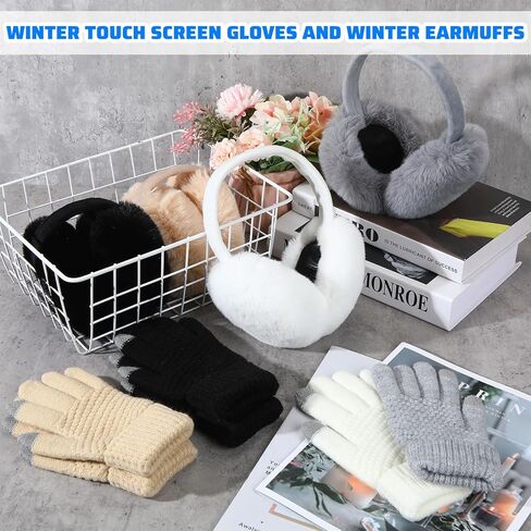Liitrsh 8 Pack Winter Touch Screen Gloves with Winter Ear Muffs Warm Fleece Lined Knit Gloves and Foldable Earmuffs for Women in Saudi Arabia