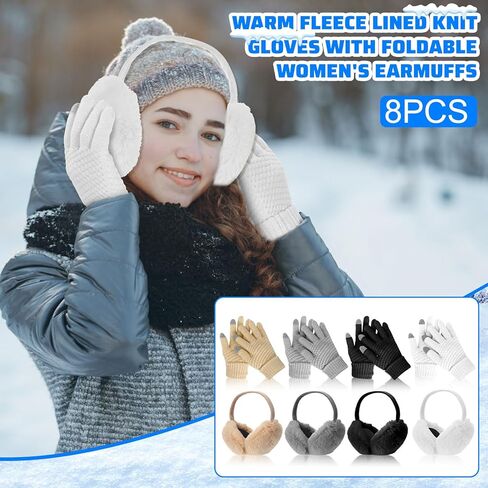 Liitrsh 8 Pack Winter Touch Screen Gloves with Winter Ear Muffs Warm Fleece Lined Knit Gloves and Foldable Earmuffs for Women in Saudi Arabia