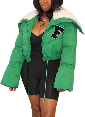 سترة نسائية منتفخة قصيرة من Lentta مصنوعة من صوف الشيربا وطية صدر وأكمام طويلة معطف شتوي in Kuwait