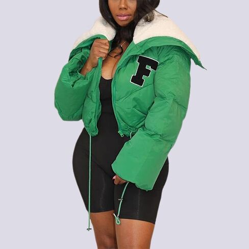 سترة نسائية منتفخة قصيرة من Lentta مصنوعة من صوف الشيربا وطية صدر وأكمام طويلة معطف شتوي in Kuwait